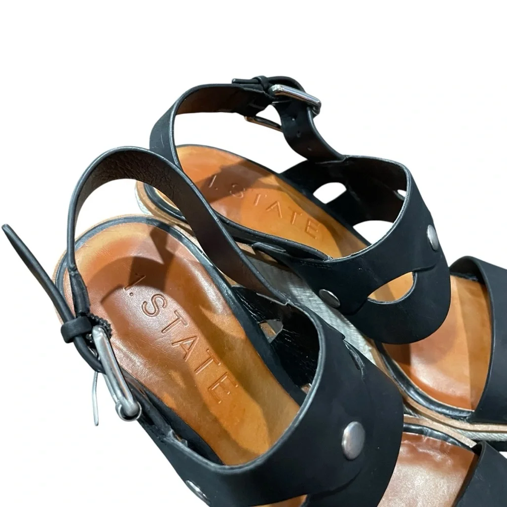 1.STATE Gizela Black Leather Wedge Sandals 7 Platform Studded Boho Heels
